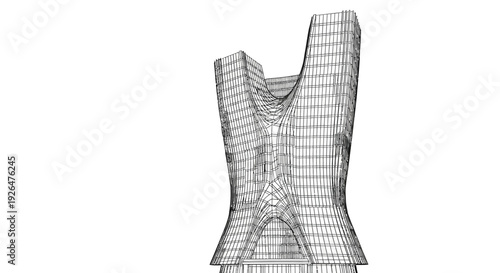 Wireframe model of a modern, curvilinear skyscraper design with a unique, sculptural form against a white background.