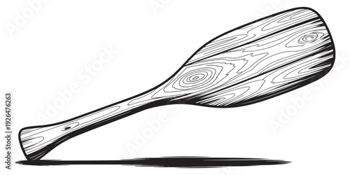 Hand drawn line art wooden paddle, wood texture detail, outdoor recreation, marine activity, canoe, kayak, boating, adventure, vector illustration, nautical design