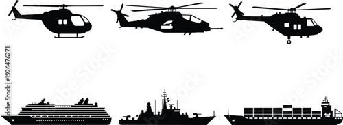 Helicopter and ship silhouettes collection featuring military chopper cruise liner destroyer and container cargo vessel black vector isolated set