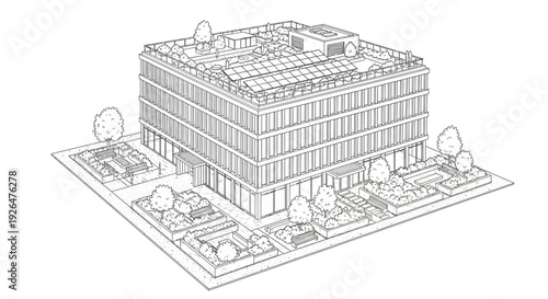 Isometric line drawing of a modern office building with rooftop solar panels and surrounding green spaces.