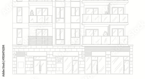 Architectural line drawing of a multi-story building with ground-floor shops and residential apartments above.
