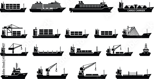 Maritime ship silhouettes collection, cargo vessel, cruise liner, fishing boat, crane ship, offshore transport fleet, commercial shipping vector isolated