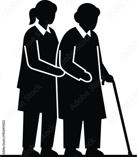 Caregiver supporting elderly woman with cane silhouette showing senior care compassion assistance healthcare isolated white background illustration
