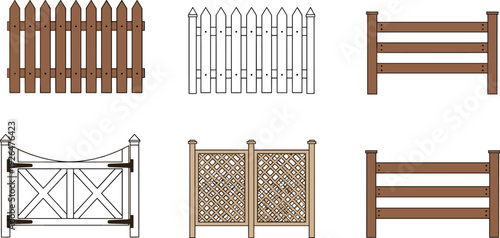 Wooden Fence Collection Garden Barrier and Gate Vector Illustration