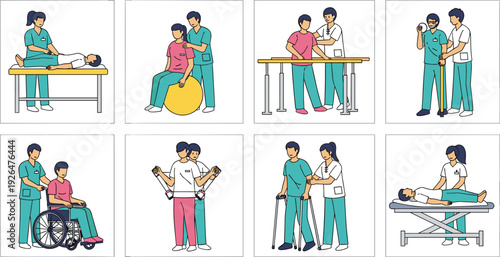 Physical Therapy Rehabilitation Scenes with Patients and Therapists Vector Illustration Set