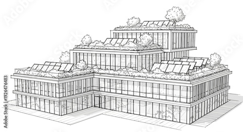 Architectural sketch of a modern green building with terraced roofs, solar panels, and trees, showcasing sustainable design.