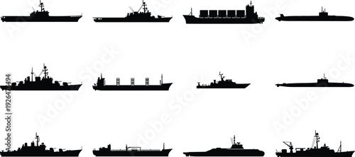 Military and naval ship silhouettes set featuring destroyer submarine aircraft carrier frigate patrol boat cargo vessel black vector isolated collection