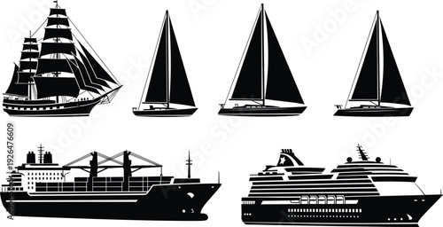 Sailing ships and modern vessels silhouettes set, yacht, tall ship, cargo carrier, cruise liner maritime transport vector isolated collection