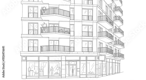 Detailed architectural line drawing of a modern multi-story building with ground-floor shops and residential balconies.