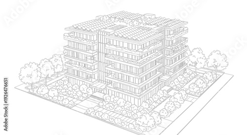 Architectural line drawing of a modern multi-story residential building with balconies and landscaping.