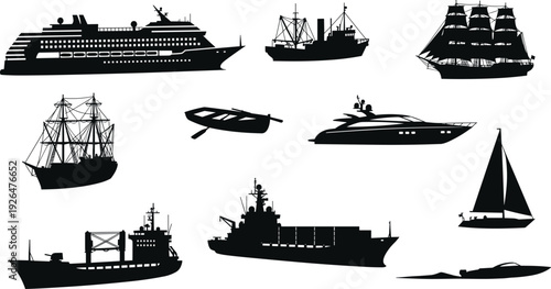 Ship and boat silhouette set featuring cruise liner cargo vessel yacht sailboat warship fishing trawler and vintage sailing ship vector isolated