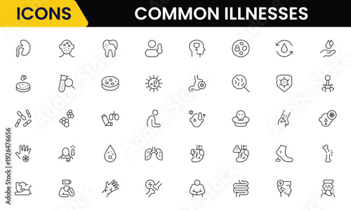 Common Illnesses line icons set. Common Illnesses outline icons with editable stroke collection. These Includes Breast Cancer, Depression, Brain Tumor, Allergy, Diabetes, and More.
