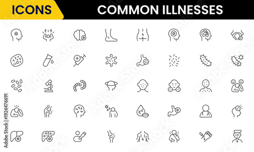 Common Illnesses line icons set. Common Illnesses outline icons with editable stroke collection. These Includes Breast Cancer, Depression, Brain Tumor, Allergy, Diabetes, and More.