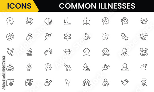 Common Illnesses line icons set. Common Illnesses outline icons with editable stroke collection. These Includes Breast Cancer, Depression, Brain Tumor, Allergy, Diabetes, and More.