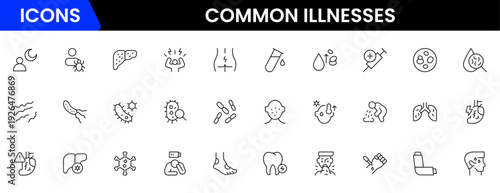 Common Illnesses line icons set. Common Illnesses outline icons with editable stroke collection. These Includes Breast Cancer, Depression, Brain Tumor, Allergy, Diabetes, and More.
