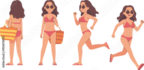 Woman in red bikini standing, running, holding striped beach bag, sunglasses flipflops character poses, summer activity motion, flat vector illustration
