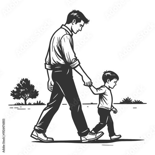 father and young son walking together, holding hands, symbolizing family bond and parental care sketch engraving generative ai fictional character vector illustration. Scratch board. Black and white.
