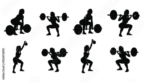 Silhouettes of weightlifters performing various exercises with barbells and dumbbells