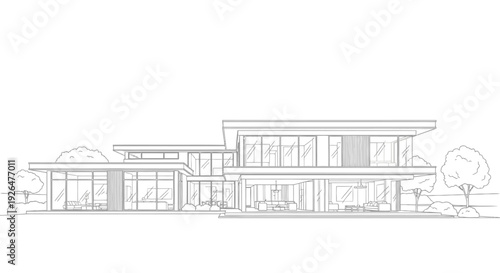 Architectural line drawing of a modern luxury house with large windows and flat roofs, showcasing contemporary design.