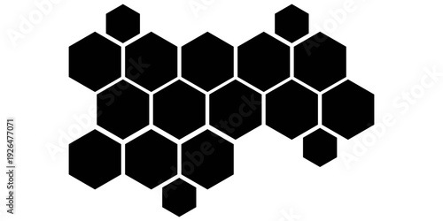 Black hexagon photo collage template. Honeycomb layout design element, blank frames for photo collection, overlay, montage, clipping, layer mask. Vector illustration.