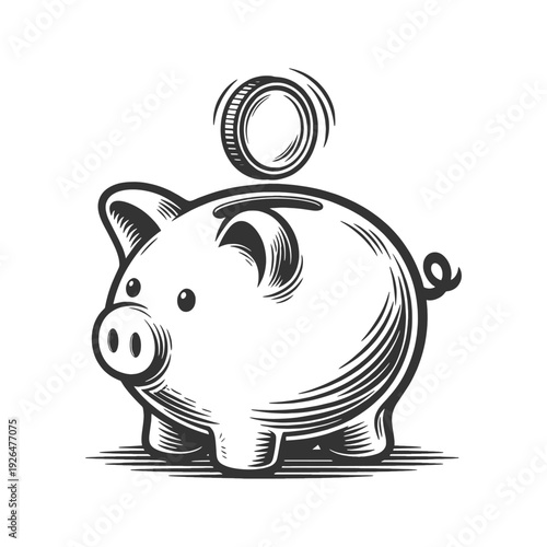 piggy bank with a coin above it, symbolizing savings, budgeting and personal finance sketch engraving generative ai vector illustration. Scratch board imitation. Black and white image.