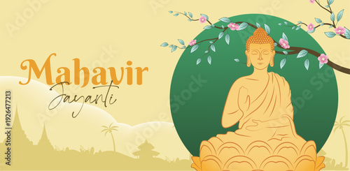 Mahavir Jayanti 2026 landscape banner with Lord Mahavir Statue meditation illustration and temple background