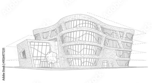 Detailed architectural sketch of a modern building with a curved, multi-story glass facade and unique design.