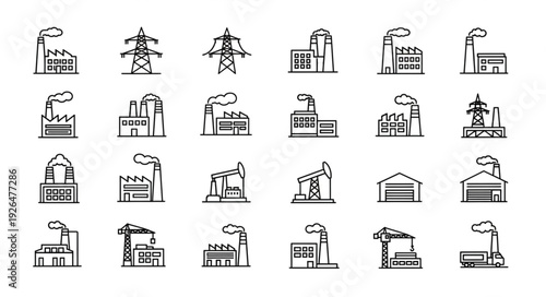 Collection of industrial factory buildings and power transmission towers in line art style.