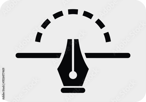 A black and white icon of a fountain pen nib with an arc of dashes