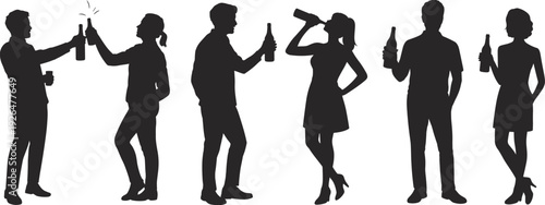 Young people drinking beer silhouettes, friends clinking bottles at party celebration, isolated black figures flat vector illustration