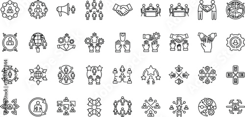 Teamwork and business collaboration icon set, partnership leadership networking meeting outline vector collection for corporate management