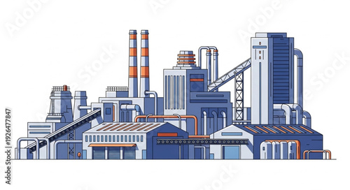 Industrial complex showcasing modern architecture and manufacturing processes with tall chimneys.