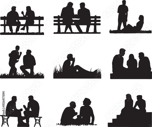 black silhouettes of people sitting and standing in various social interactions