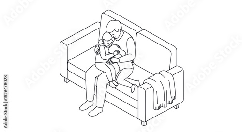Line art depicts a father hugging his two children on a sofa, offering comfort and love in a minimalist, clean design suitable for family and support concepts.