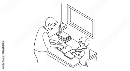 Line art illustration of a father helping his son with homework at a desk, creating a supportive learning environment in a minimalist style.
