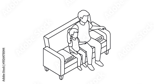 An isometric outline illustration depicts a father and daughter sitting together on a sofa, creating a warm and family atmosphere, suitable for parenting, family and togetherness themed projects.