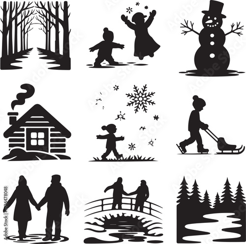 black silhouettes of people and winter scenery
