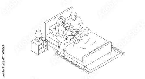 A loving family, including mother, father, and child, are reading a book together in bed in this simple, clean line art illustration.
