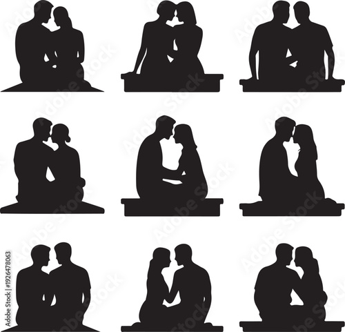 black silhouettes of people sitting and kissing each other  various romantic poses
