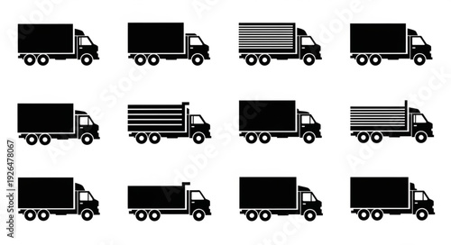 Collection of various black truck silhouettes for transportation and delivery services.