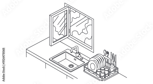Black and white line art illustration of a kitchen sink with dishes drying, a window open above the sink, creating a clean, minimalist design suitable for various purposes.