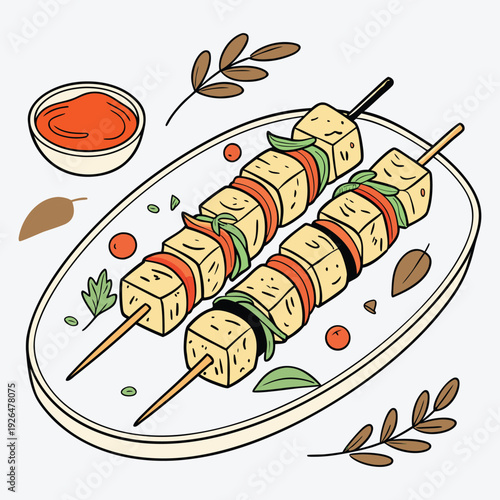 WebIllustrated Grilled Chicken Skewers with Vibrant Sauces