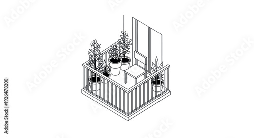 Line art illustration of a cozy balcony scene with potted plants, a chair, and railing, conveying a minimal and urban living style for design projects.