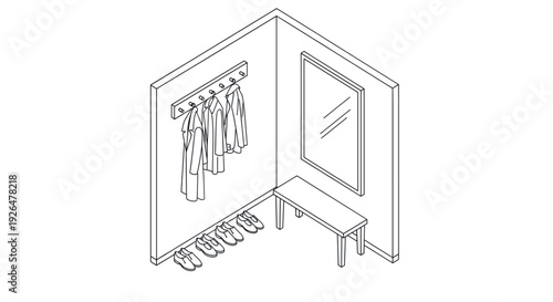 Black and white isometric line drawing of a minimalist hallway with clothes hanging, shoes lined up, a bench, and a mirror, conveying simplicity and organization. Perfect for design.