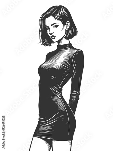 stylish woman in sleek dress looking over her shoulder, confident fashion pose sketch engraving generative ai fictional character vector illustration. Scratch board. Black and white.