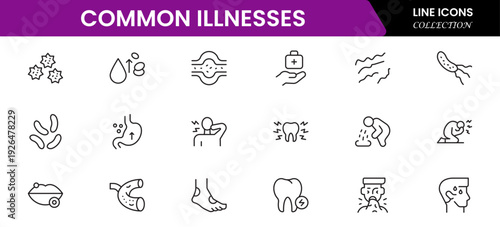Common Illnesses line icons set. Common Illnesses outline icons with editable stroke collection. These Includes Breast Cancer, Depression, Brain Tumor, Allergy, Diabetes, and More.