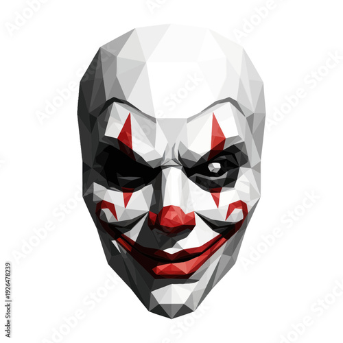 Creepy Low Poly Clown Mask with Red and White Makeup, White Background