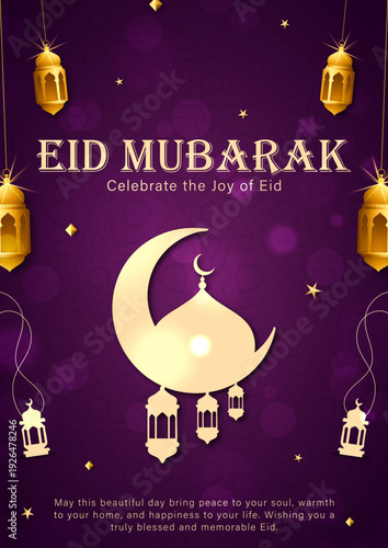 Luxury Purple and Gold Eid Mubarak Greeting Card with Moon and Lanterns, Modern Ramadan Kareem Invitation Template with Purple Night Theme, Eid al-Fitr Social Media Background with Hanging Lanterns an