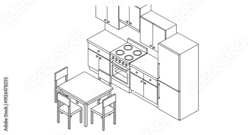 Isometric outline drawing of a complete kitchen, including cabinets, stove, refrigerator, and a table with chairs, useful for interior design concepts.