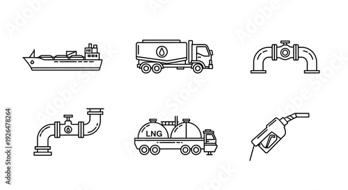 Line art icons depicting various aspects of the oil and gas industry, including tankers, pipelines, and fuel pumps.